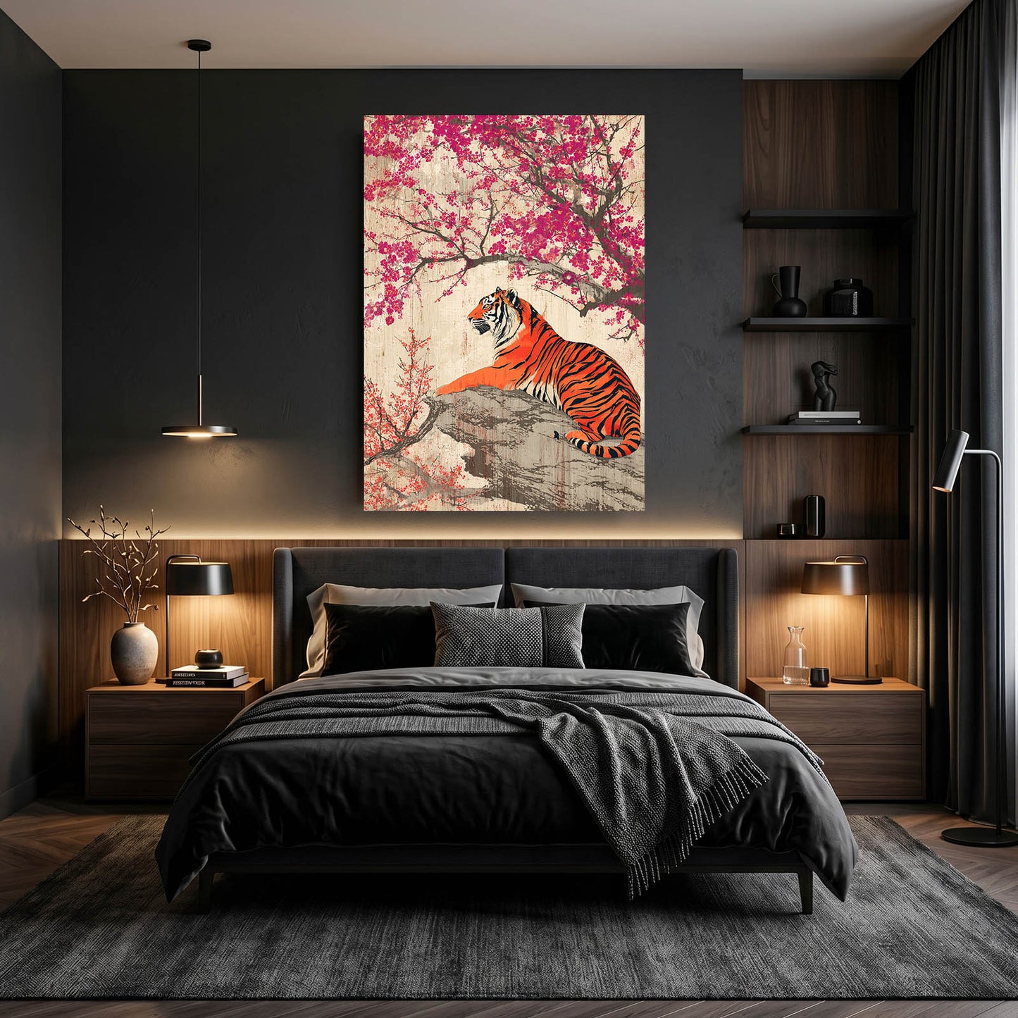 Resting Tiger Cherry Blossom Art – styled in a furnished interior