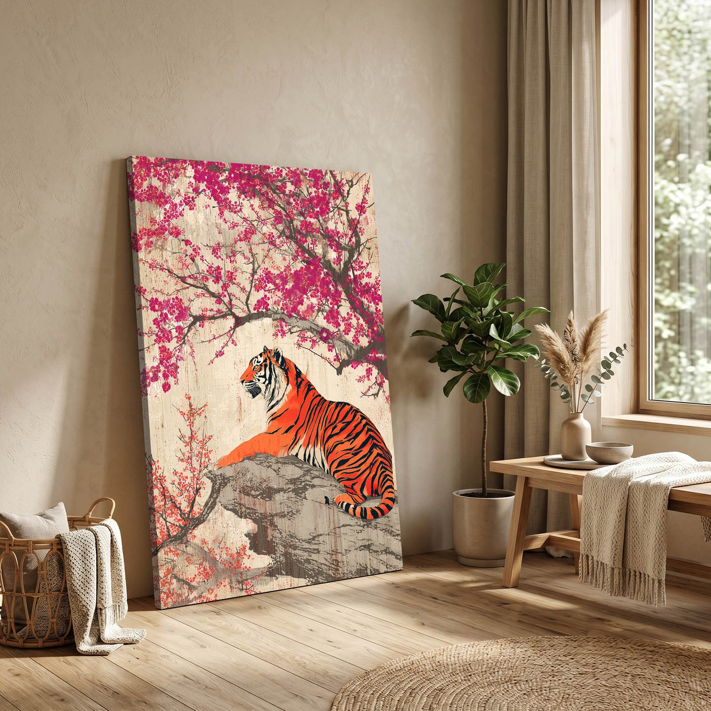 Resting Tiger Cherry Blossom Art – styled in a furnished interior