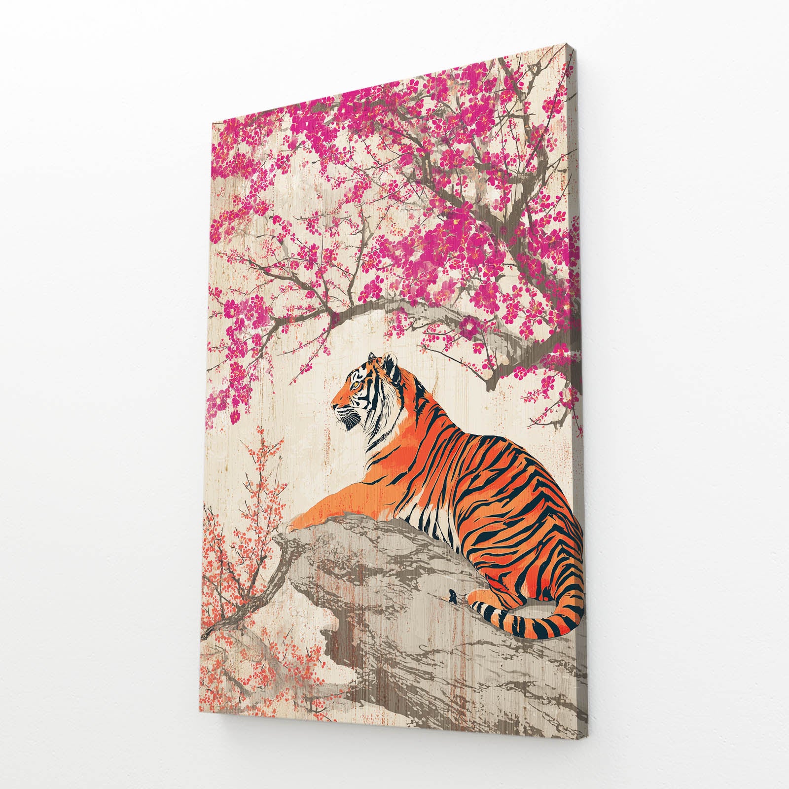 Resting Tiger Cherry Blossom Art – angled canvas view on white background