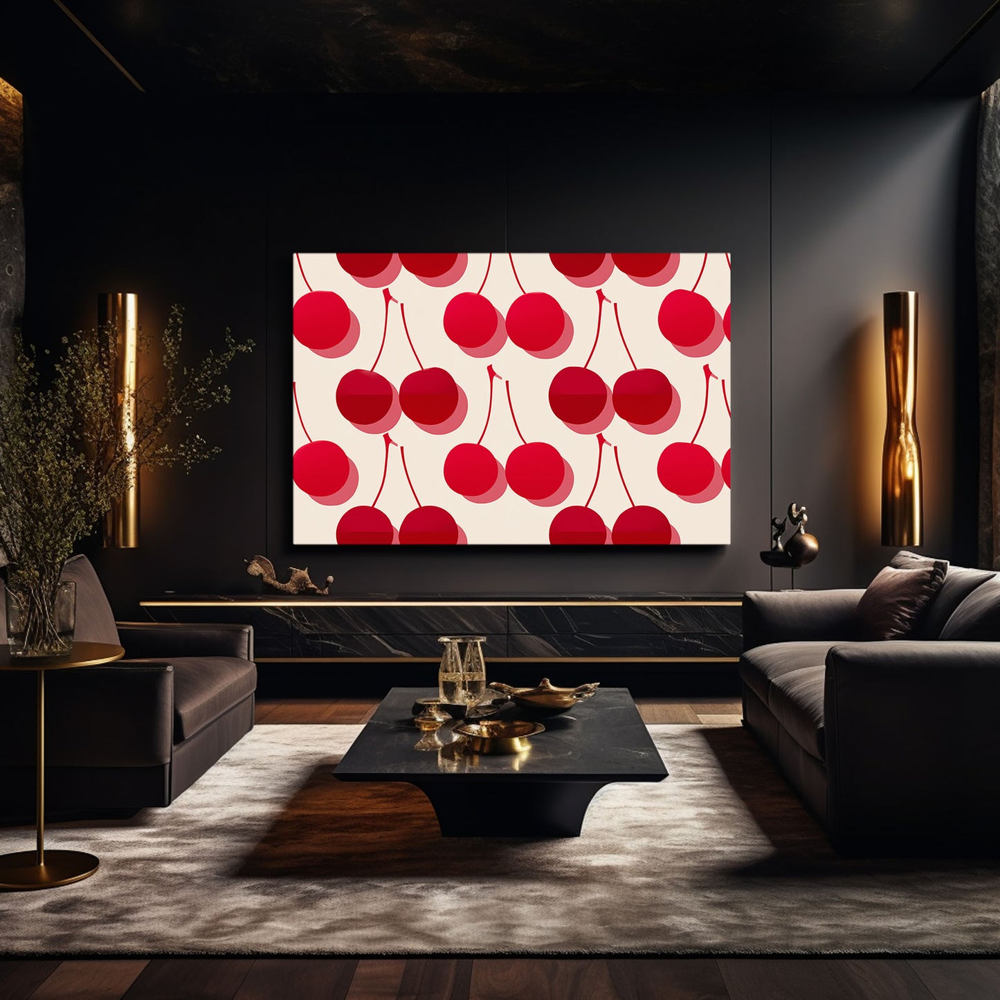 Retro Cherry Pattern Fruit Canvas Art – styled in a furnished interior