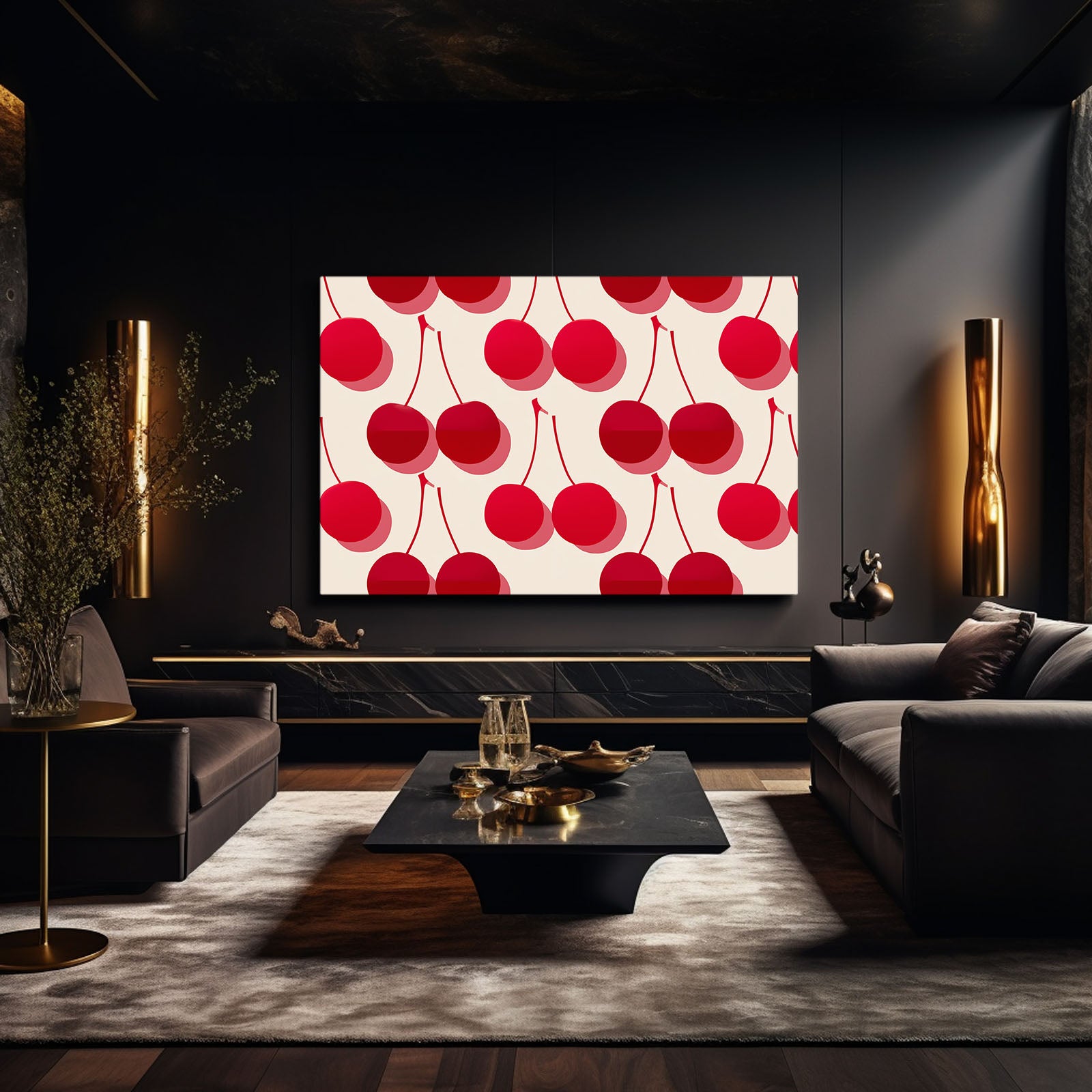 Retro Cherry Pattern Fruit Canvas Art – styled in a furnished interior