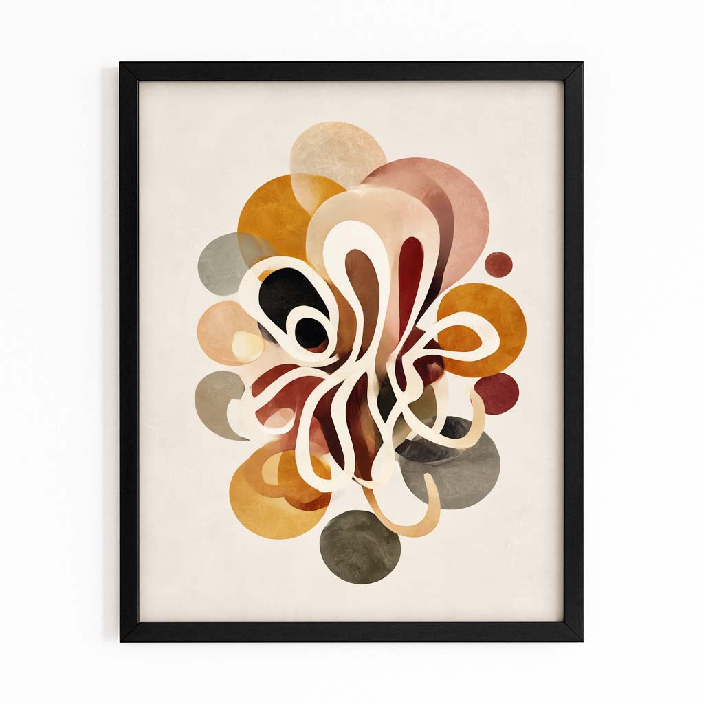 Retro Circle Bloom Octopus Wall Art – with Premium Black frame on white background