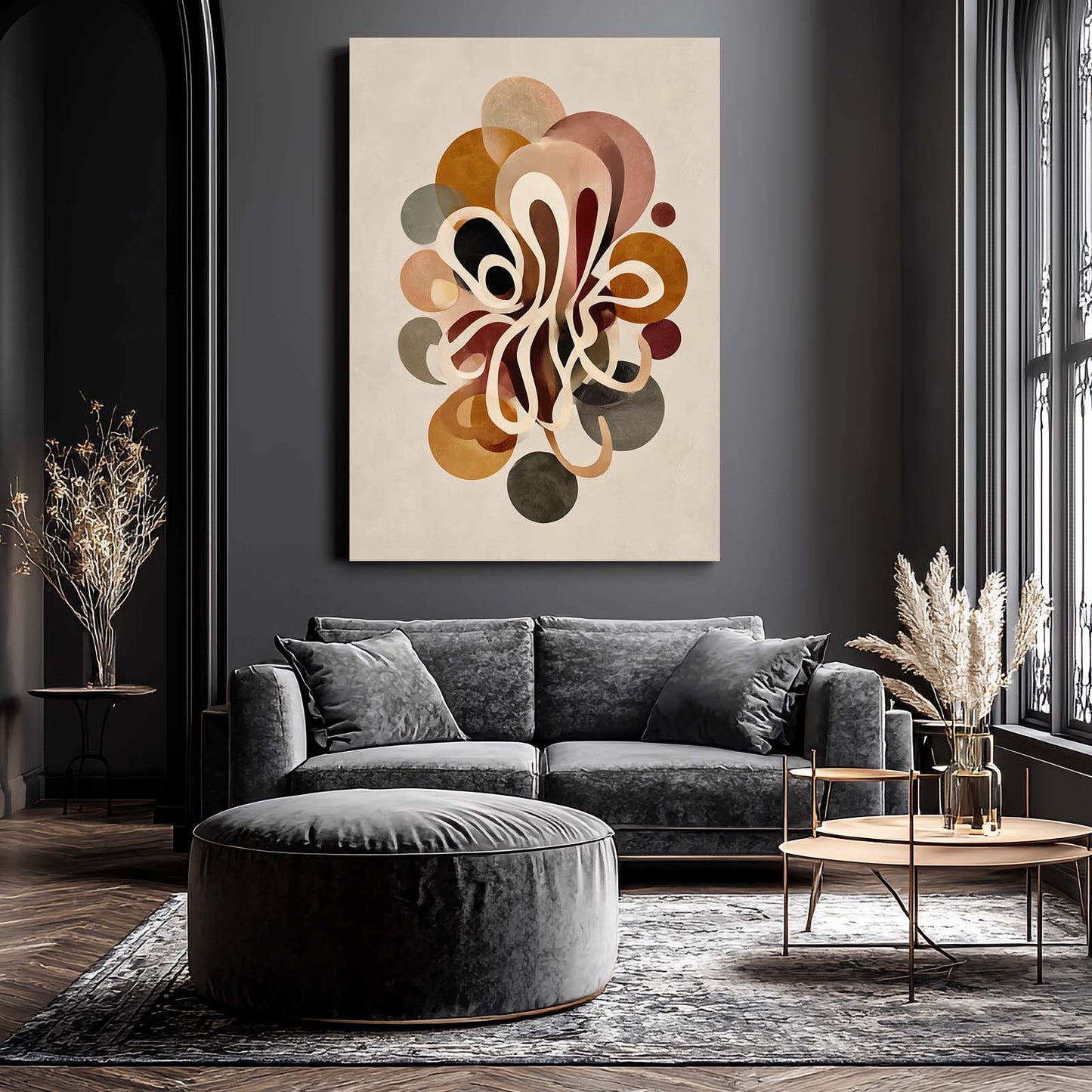 Retro Circle Bloom Octopus Wall Art – styled in a furnished interior
