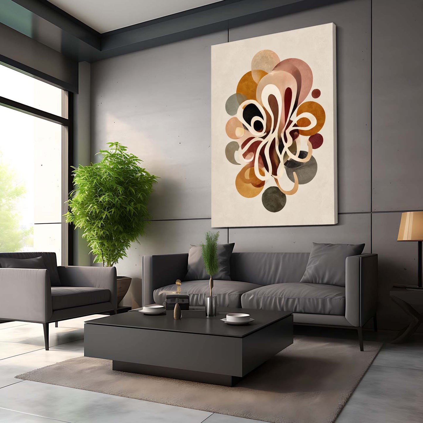 Retro Circle Bloom Octopus Wall Art – styled in a furnished interior