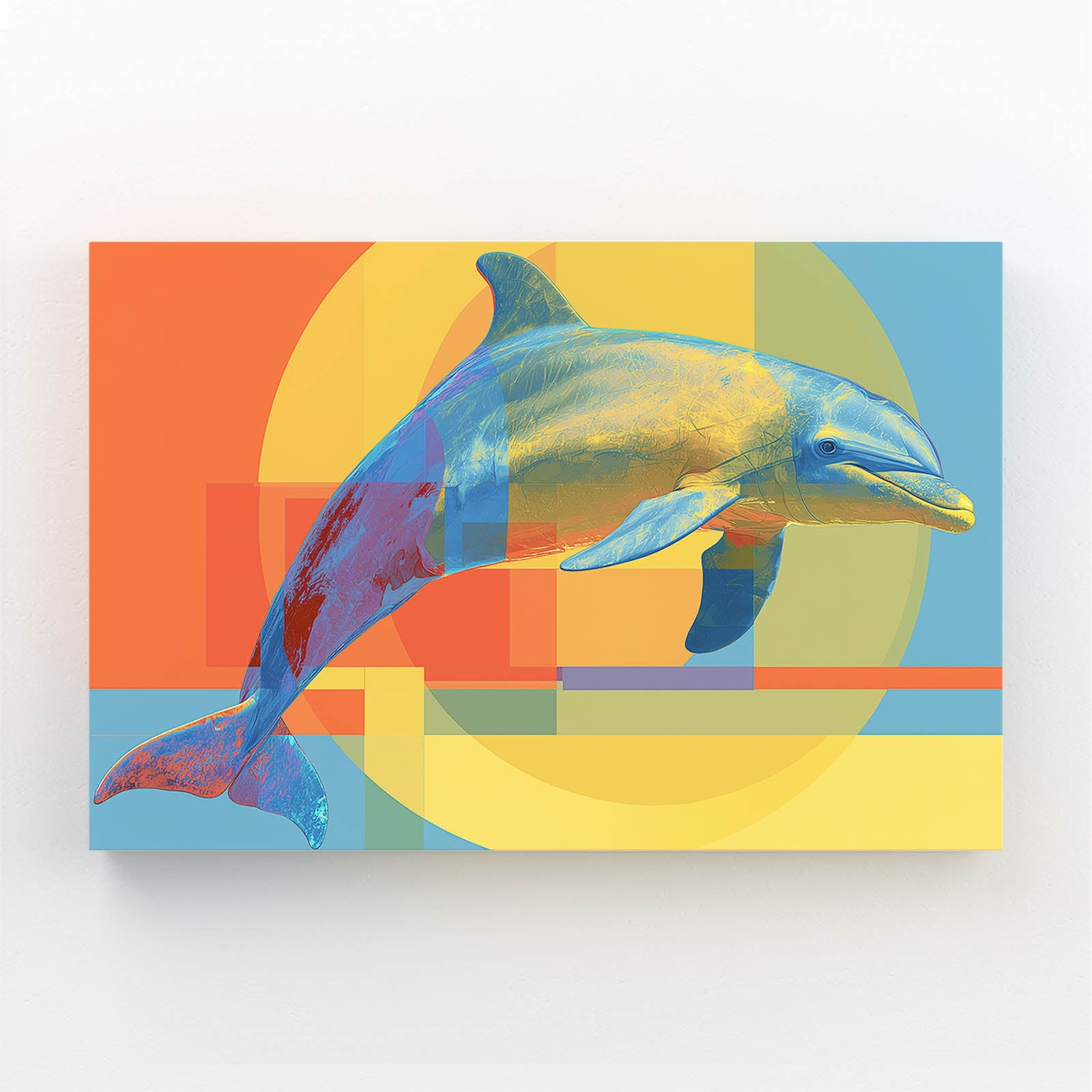 Retro Collage Dolphin Art – dolphin leaping through mustard, orange and blue mid-century collage shapes