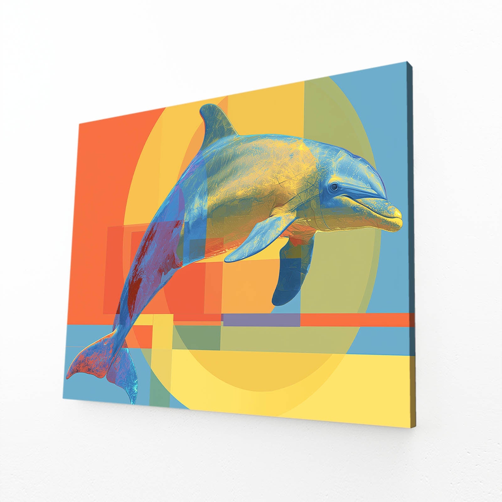 Retro Collage Dolphin Art – angled canvas view on white background