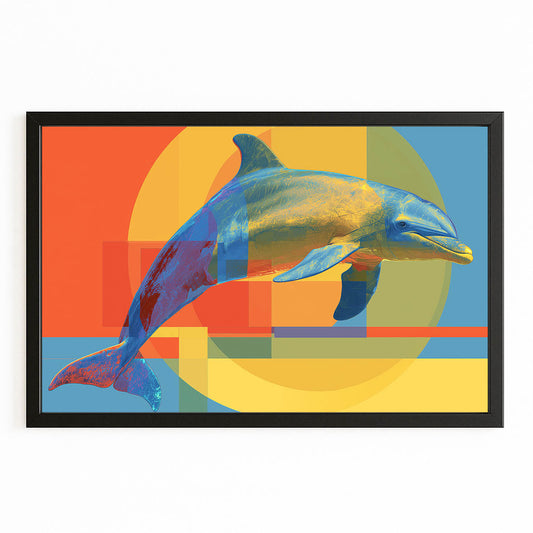 Retro Collage Dolphin Art – with Premium Black wood frame on white background
