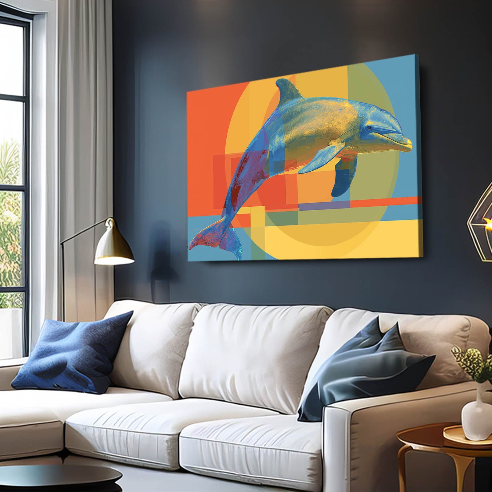 Retro Collage Dolphin Art – styled in a furnished interior