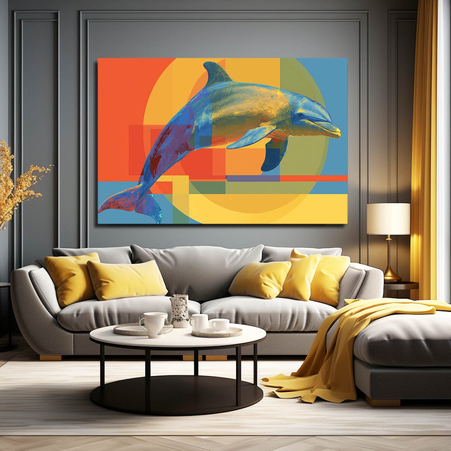 Retro Collage Dolphin Art – styled in a furnished interior