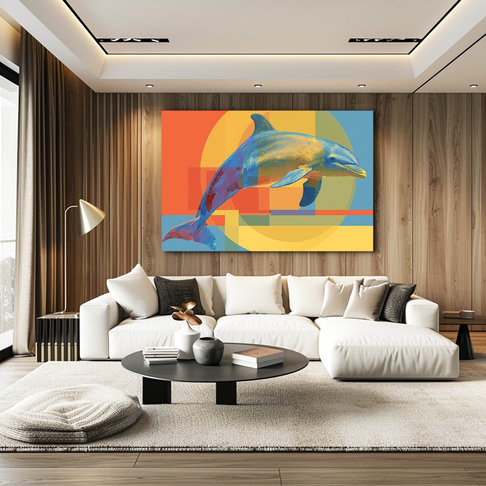 Retro Collage Dolphin Art – styled in a furnished interior