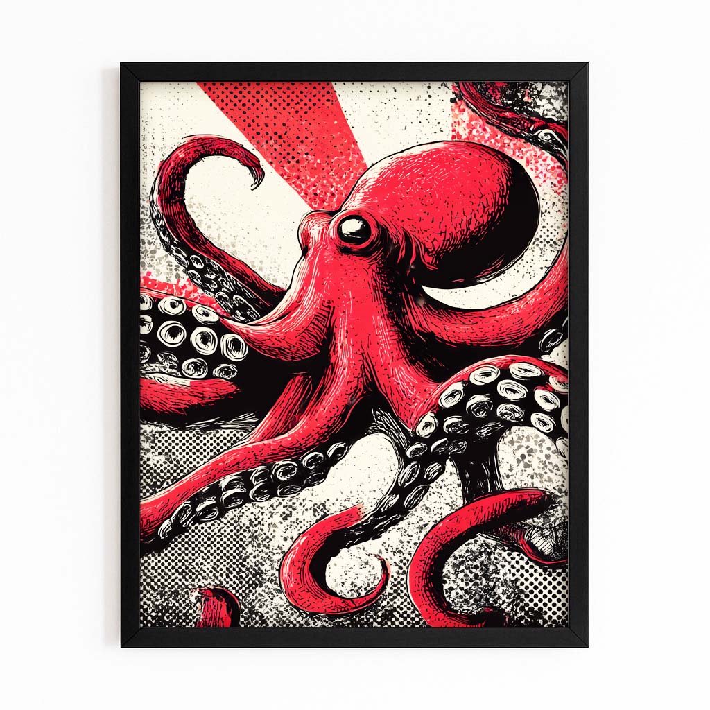 Retro Comic Red Octopus Wall Decor – with Premium Black frame on white background