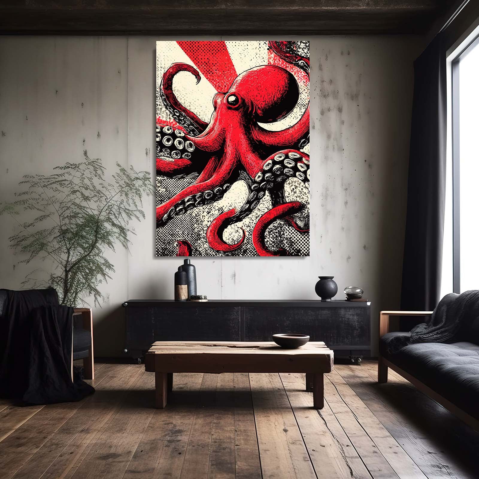 Retro Comic Red Octopus Wall Decor – styled in a furnished interior
