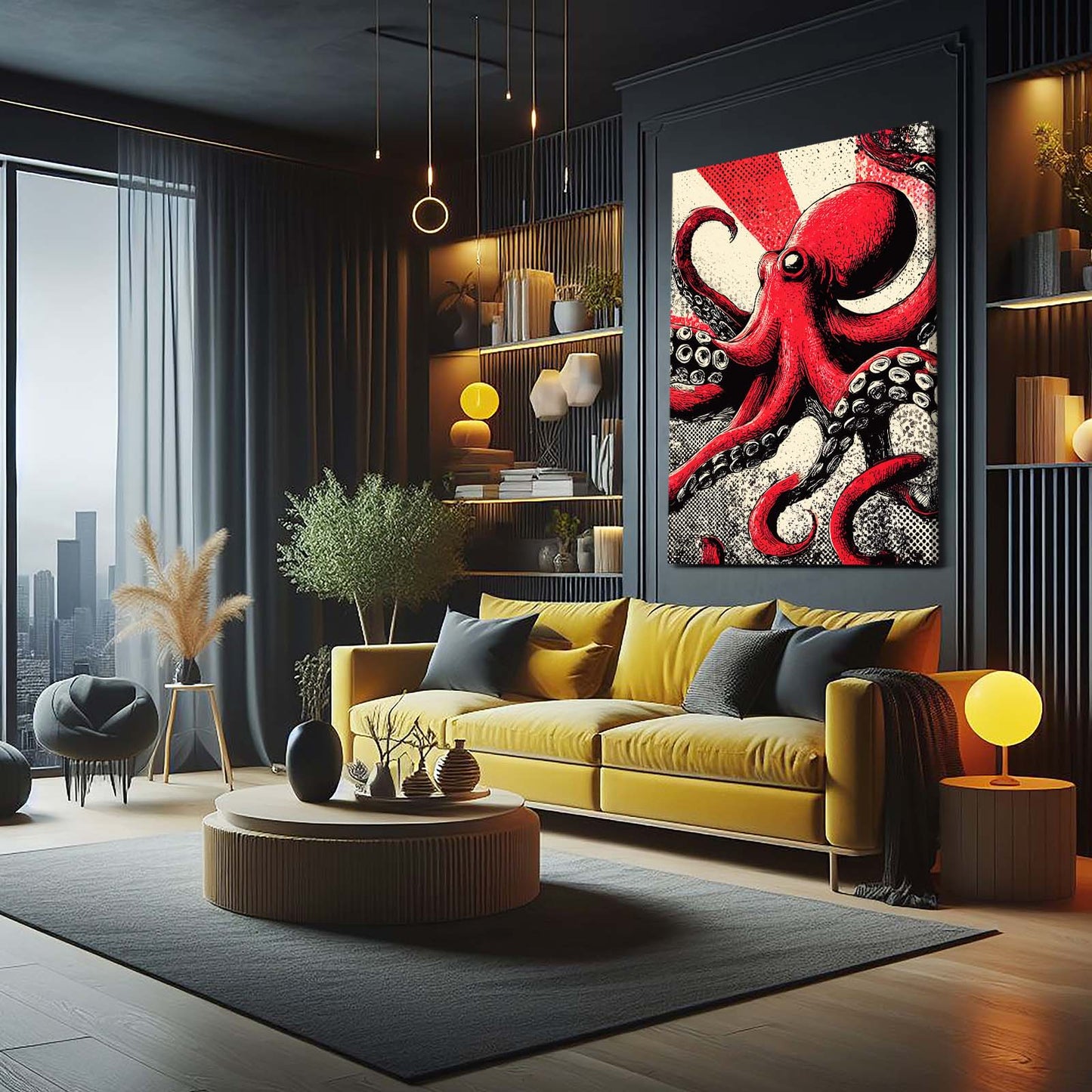 Retro Comic Red Octopus Wall Decor – styled in a furnished interior