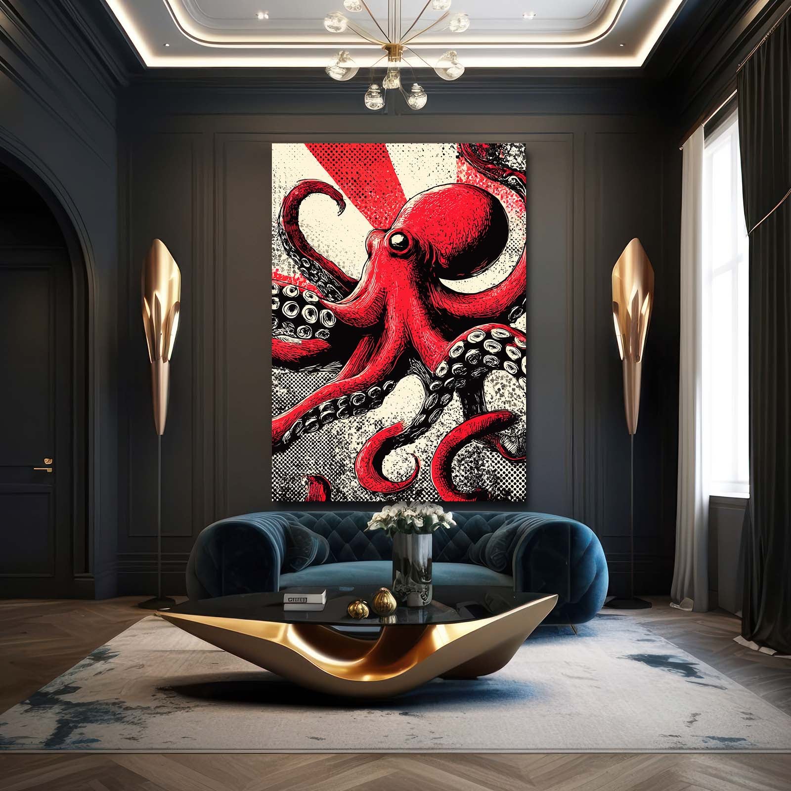 Retro Comic Red Octopus Wall Decor – styled in a furnished interior