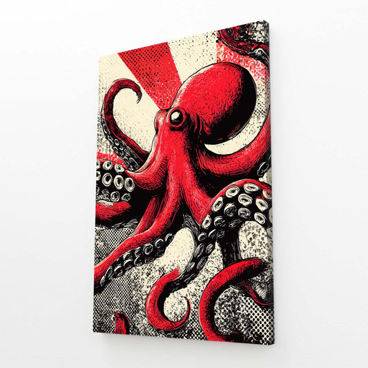 Retro Comic Red Octopus Wall Decor – angled canvas view on white background