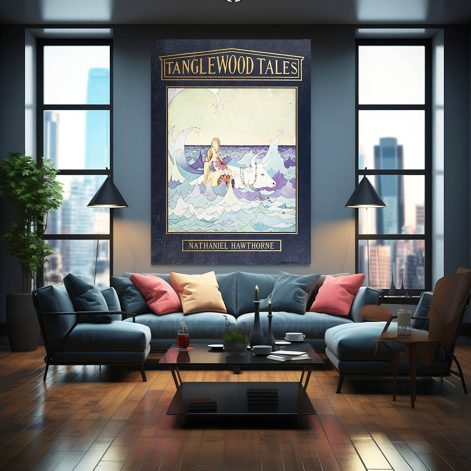 Retro Cow Art – angled canvas view on white background