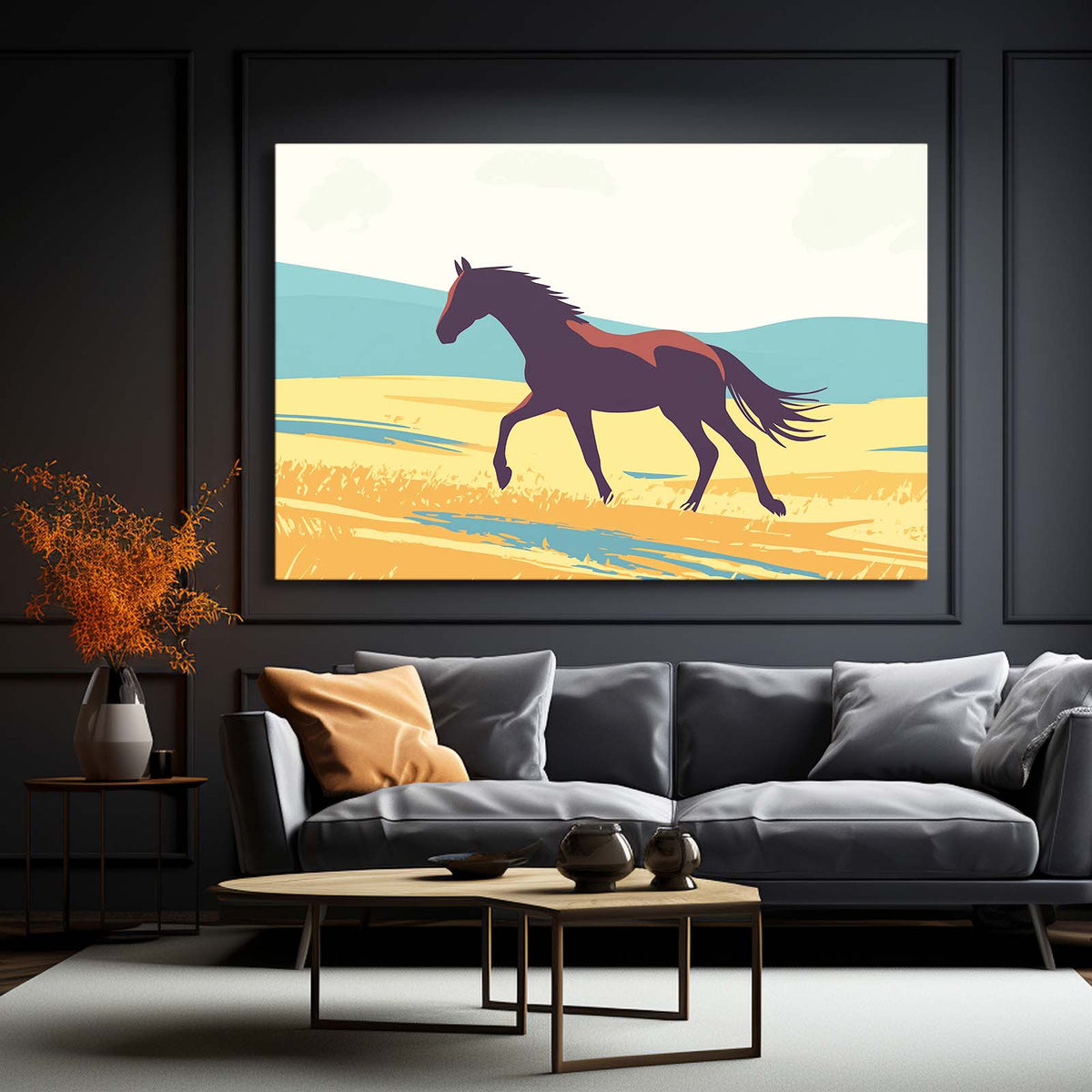 Retro Dune Gallop Horse Prints — minimalist canvas print, styled in a furnished interior