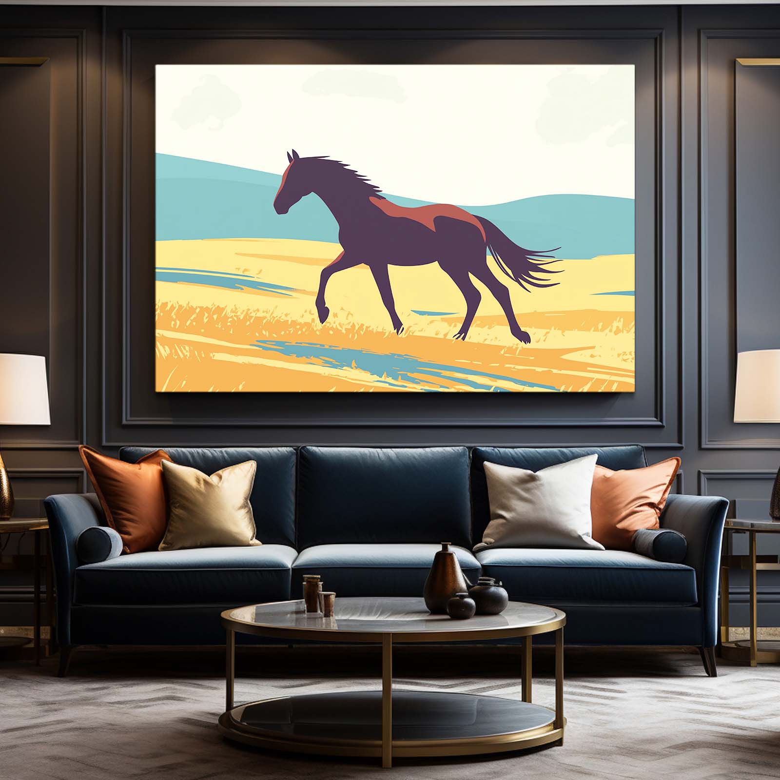 Retro Dune Gallop Horse Prints — minimalist canvas print, styled in a furnished interior