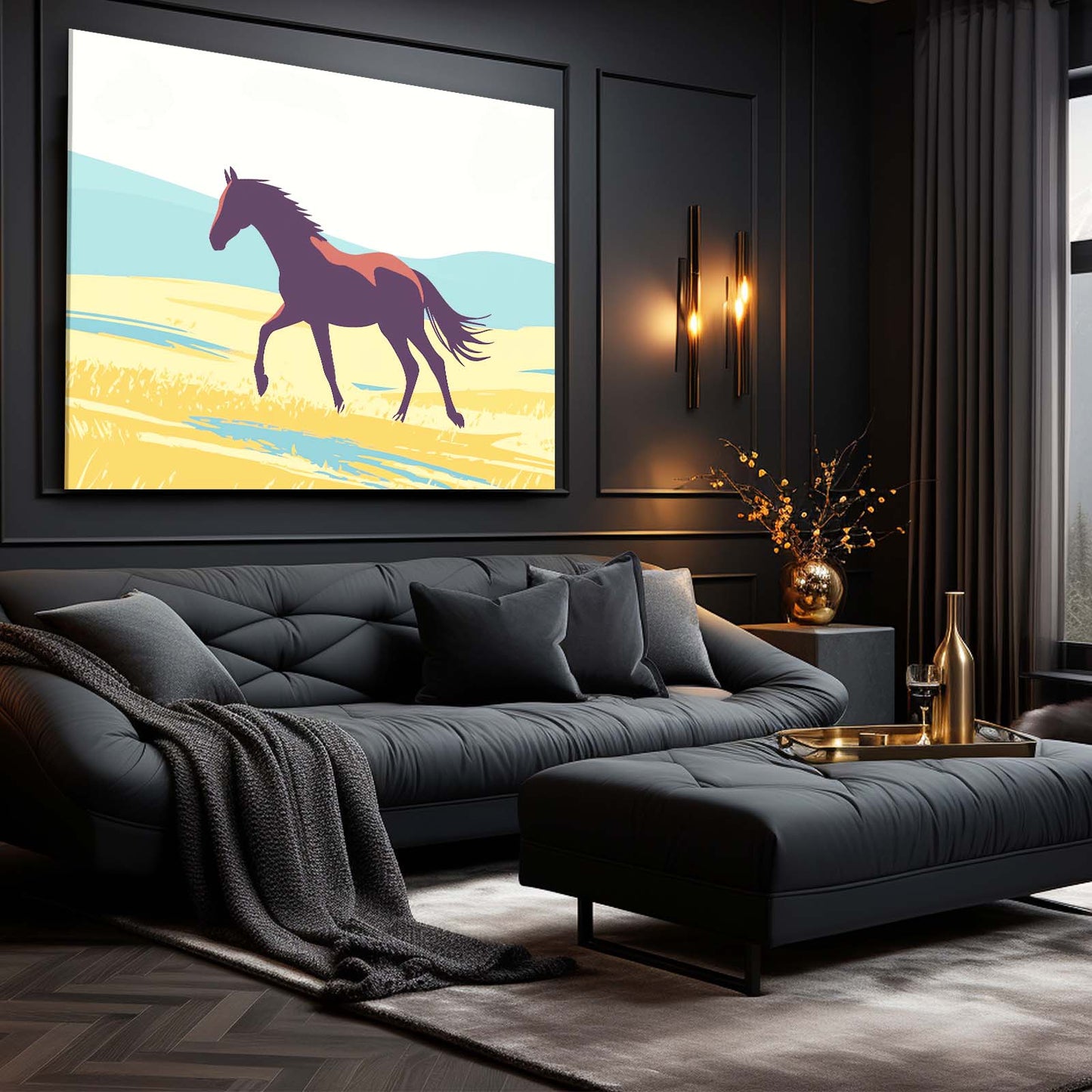 Retro Dune Gallop Horse Prints — minimalist canvas print, styled in a furnished interior