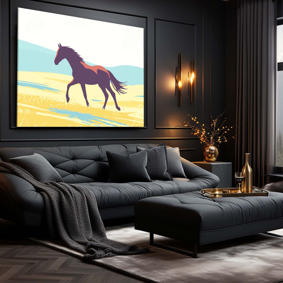 Retro Dune Gallop Horse Prints — minimalist canvas print, styled in a furnished interior