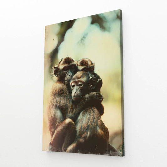 Retro Embrace Pair Monkey Wall Decor – angled canvas view on white background