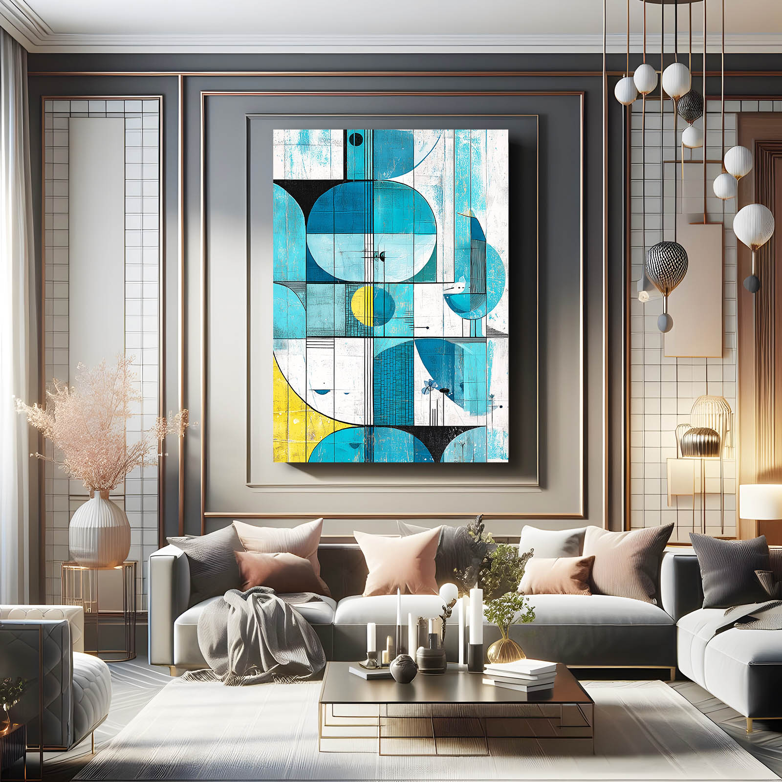 Retro Geometric Blue Farmhouse Wall Decor – styled in a furnished interior