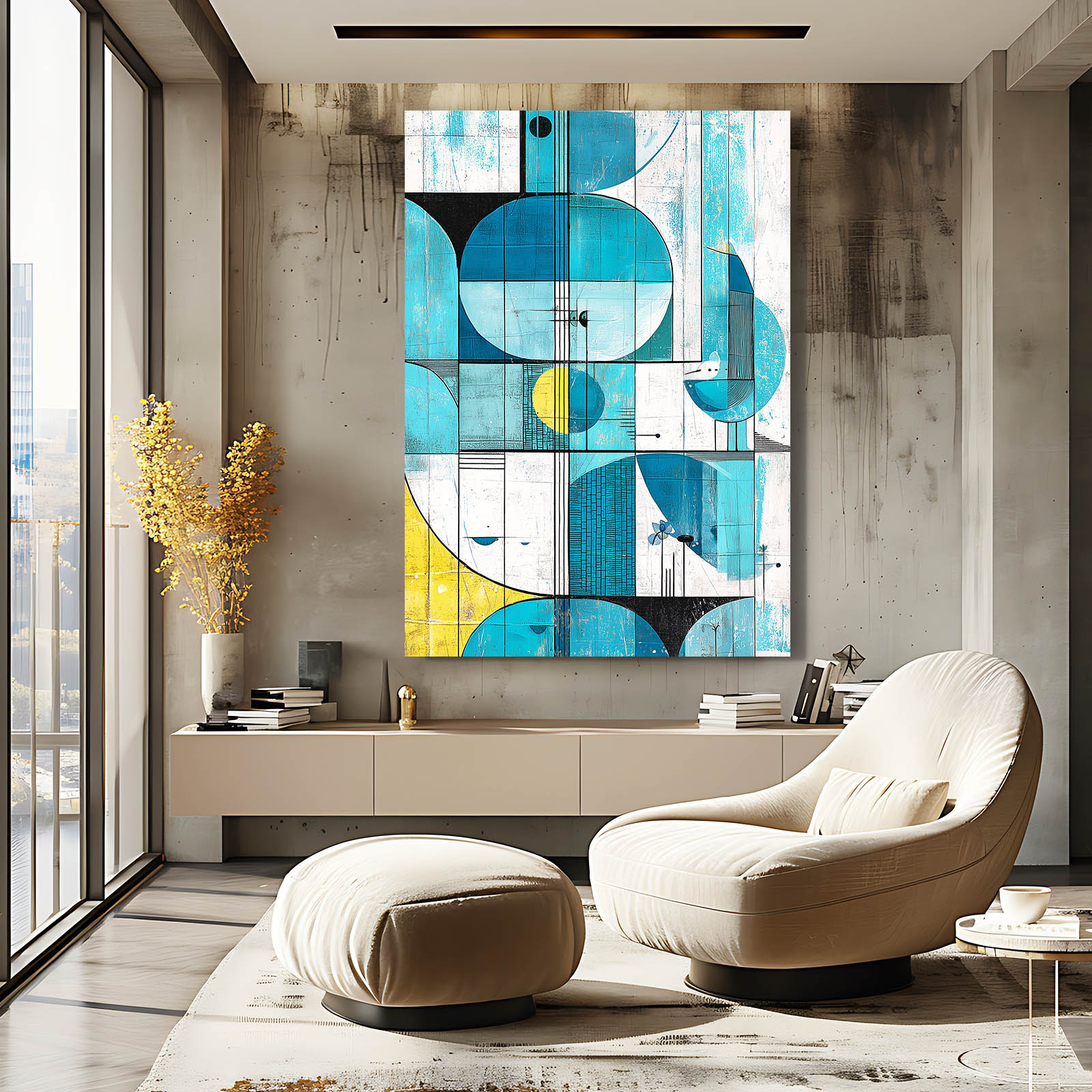 Retro Geometric Blue Farmhouse Wall Decor – styled in a furnished interior