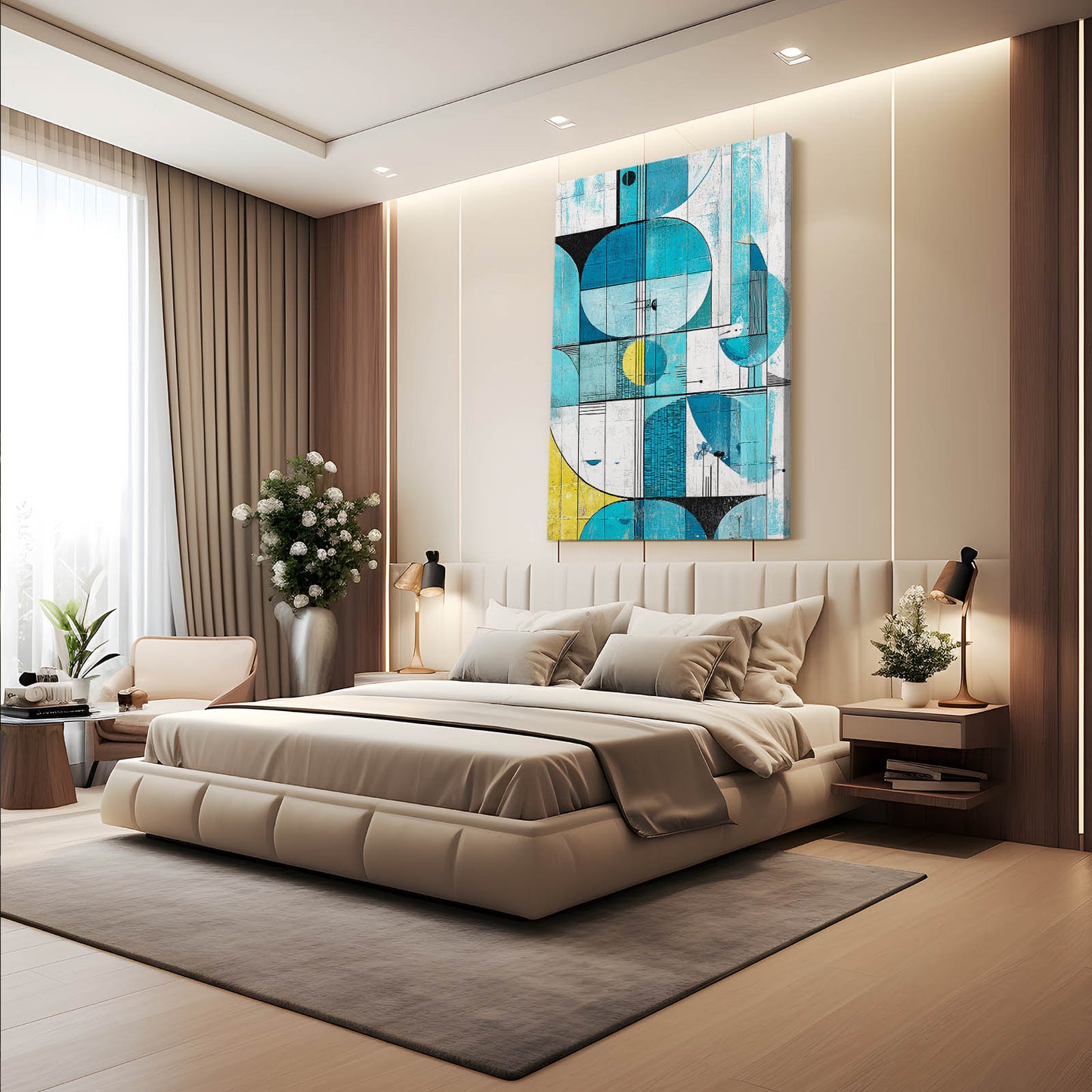 Retro Geometric Blue Farmhouse Wall Decor – styled in a furnished interior