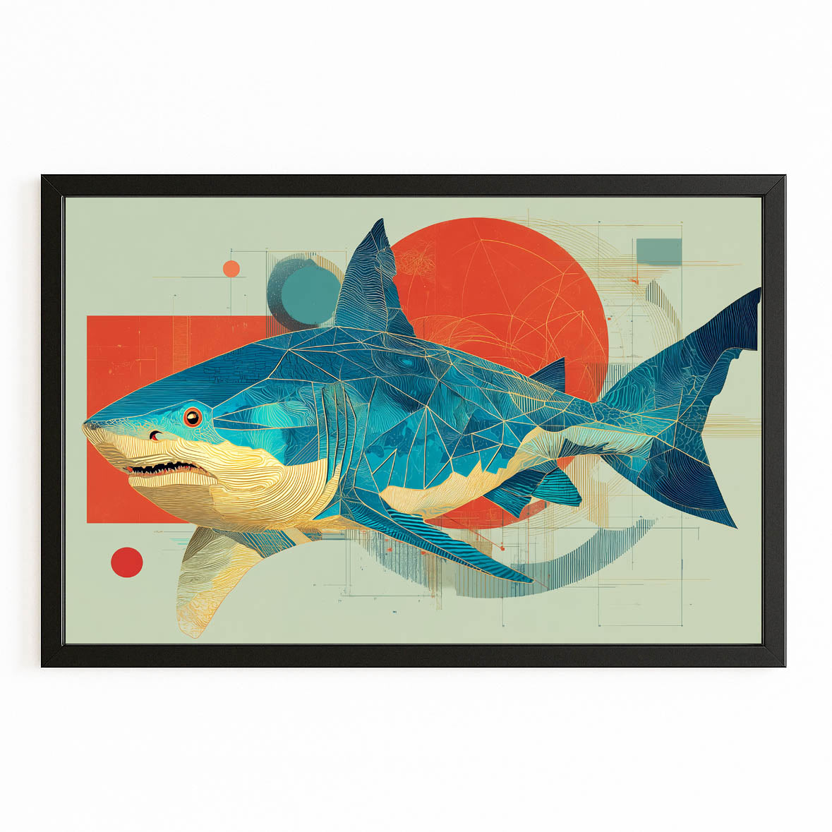 Retro Geometric Collage Shark Canvas – with Premium Black frame on white background