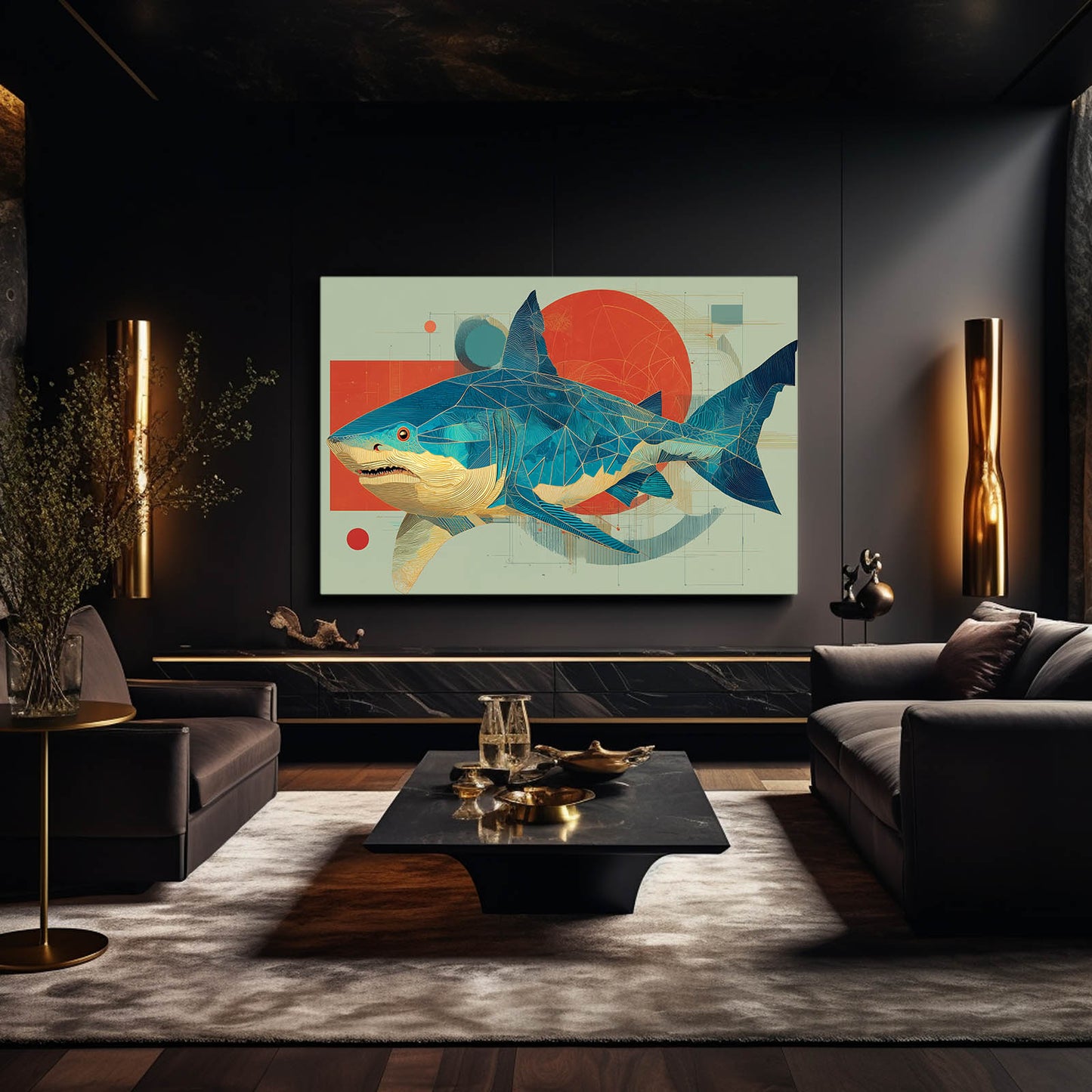 Retro Geometric Collage Shark Canvas – styled in a furnished interior