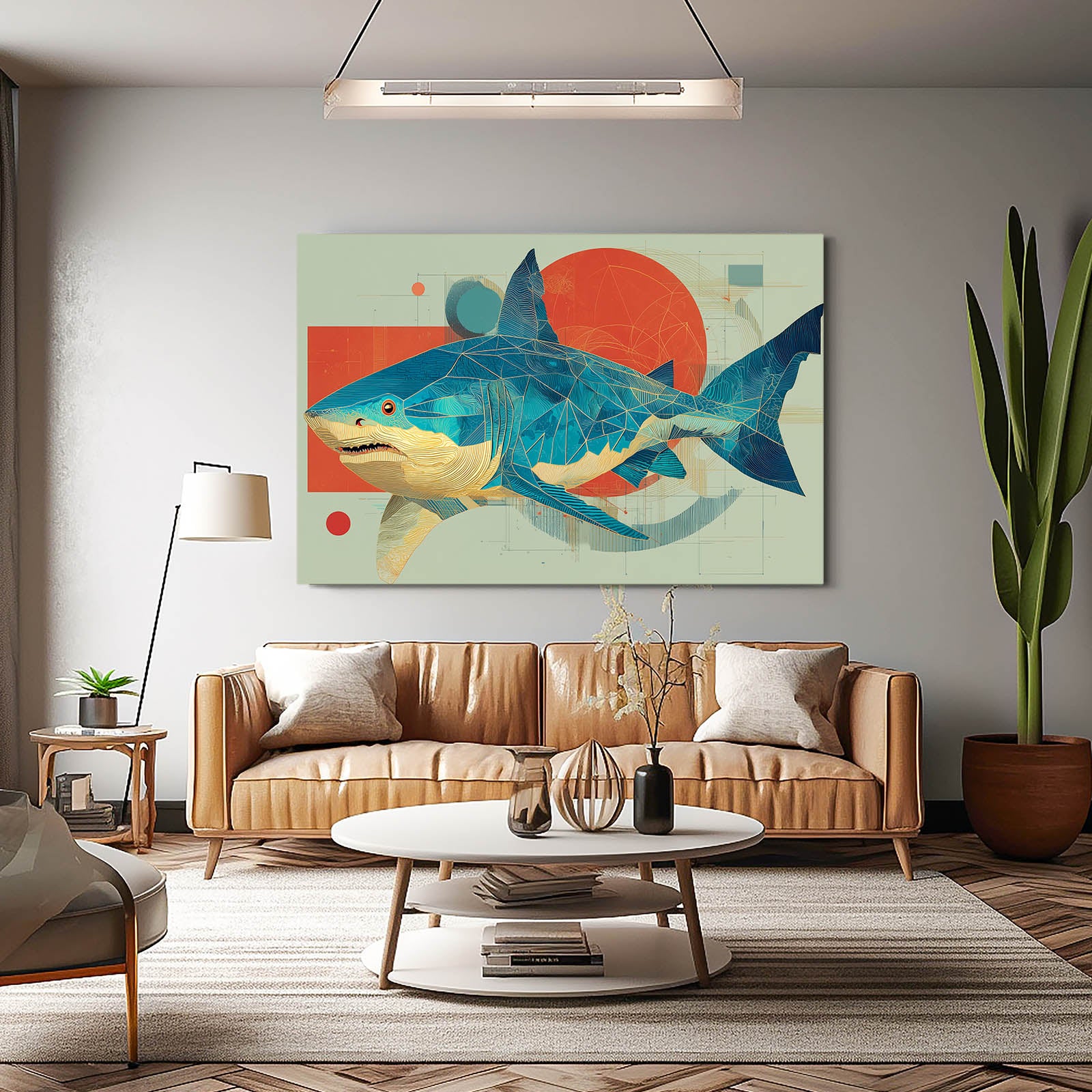 Retro Geometric Collage Shark Canvas – styled in a furnished interior