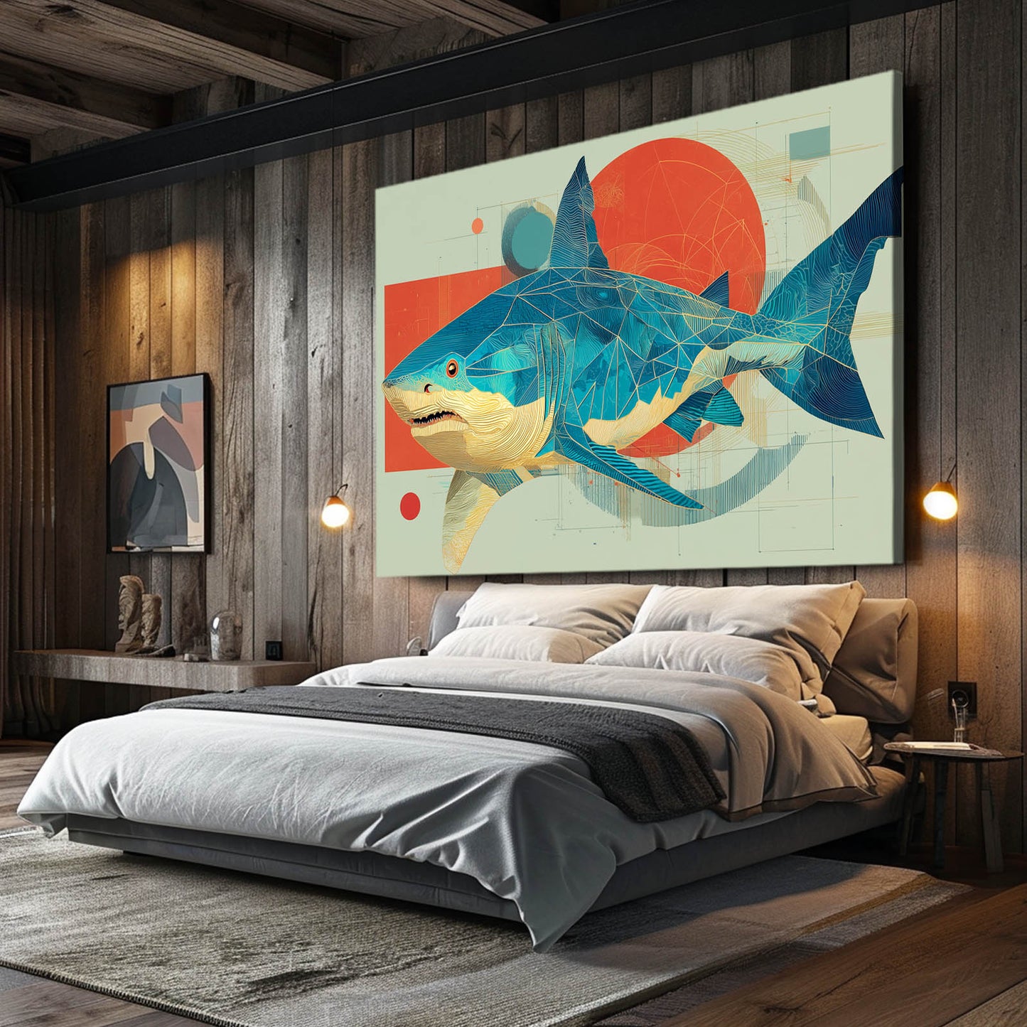 Retro Geometric Collage Shark Canvas – styled in a furnished interior
