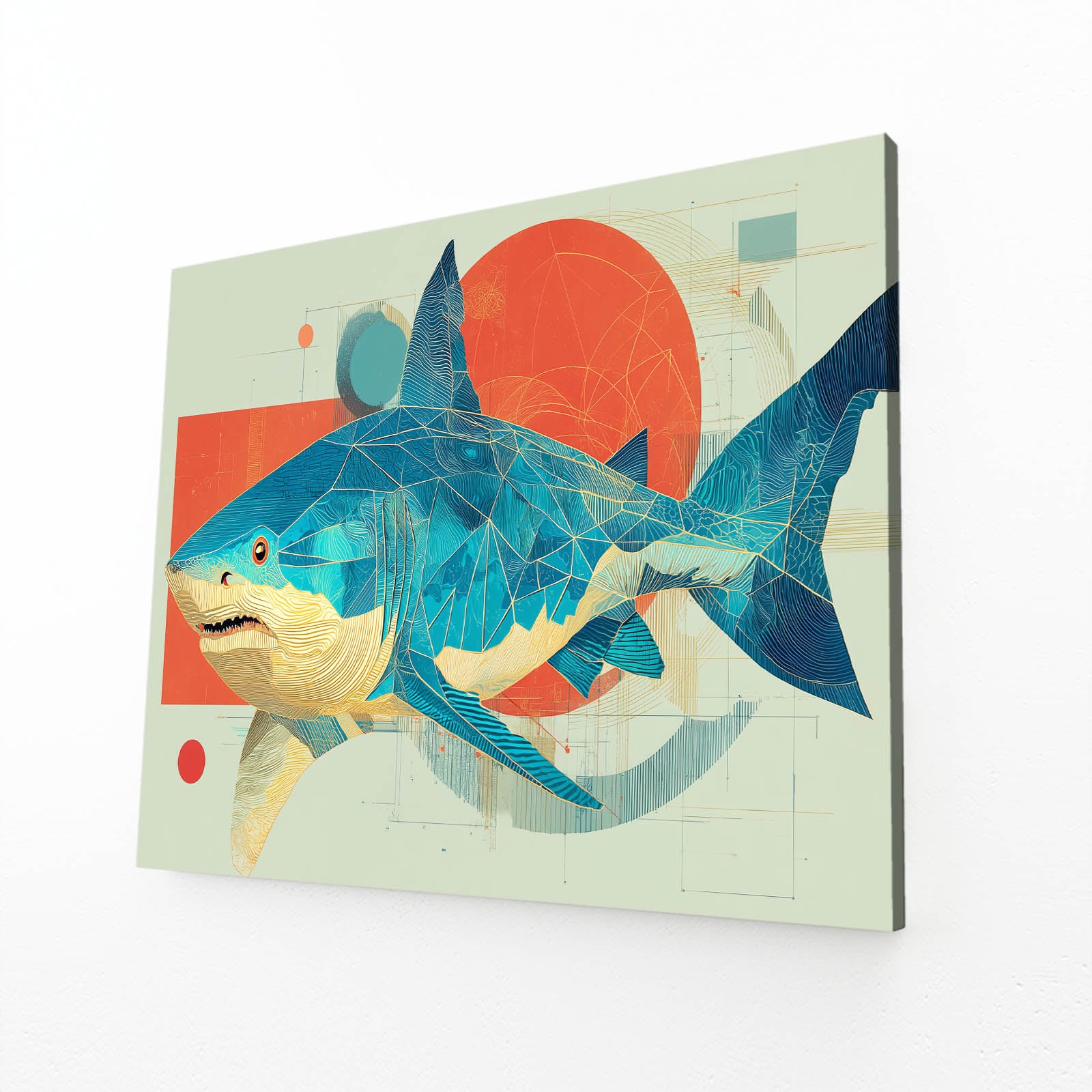 Retro Geometric Collage Shark Canvas – angled canvas view on white background