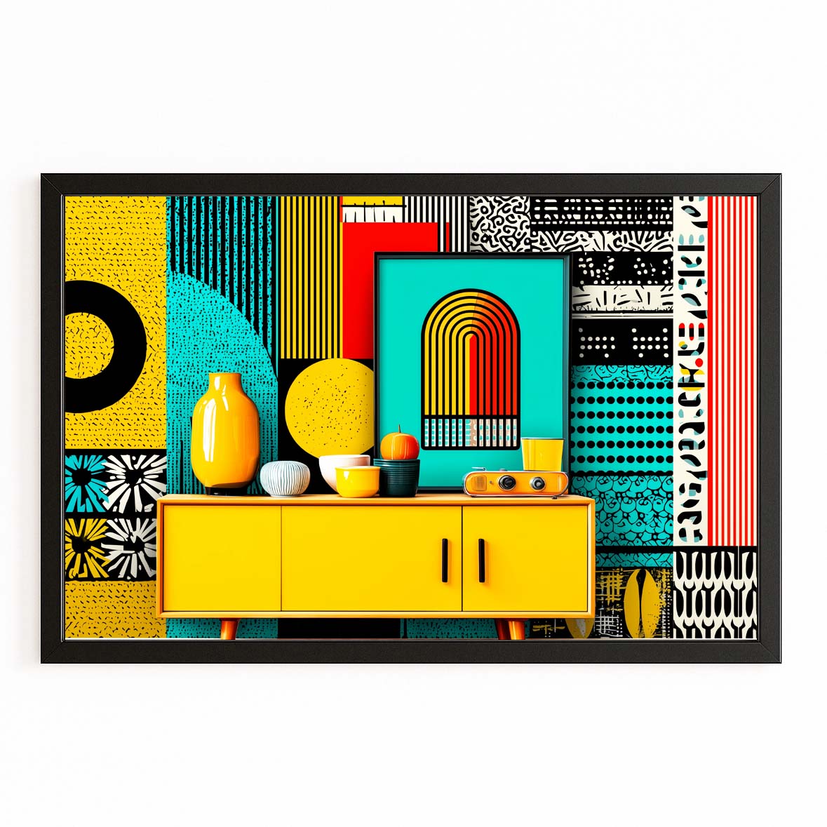 Retro Geometric Kitchen Farmhouse Wall Decor – with Premium Black frame on white background