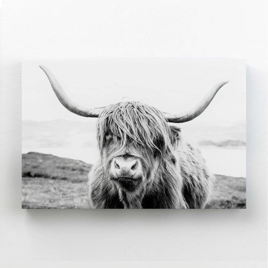 Retro Modern Cow Wall Art – angled canvas view on white background
