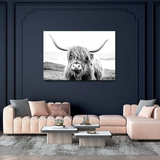 Retro Modern Cow Wall Art – angled canvas view on white background