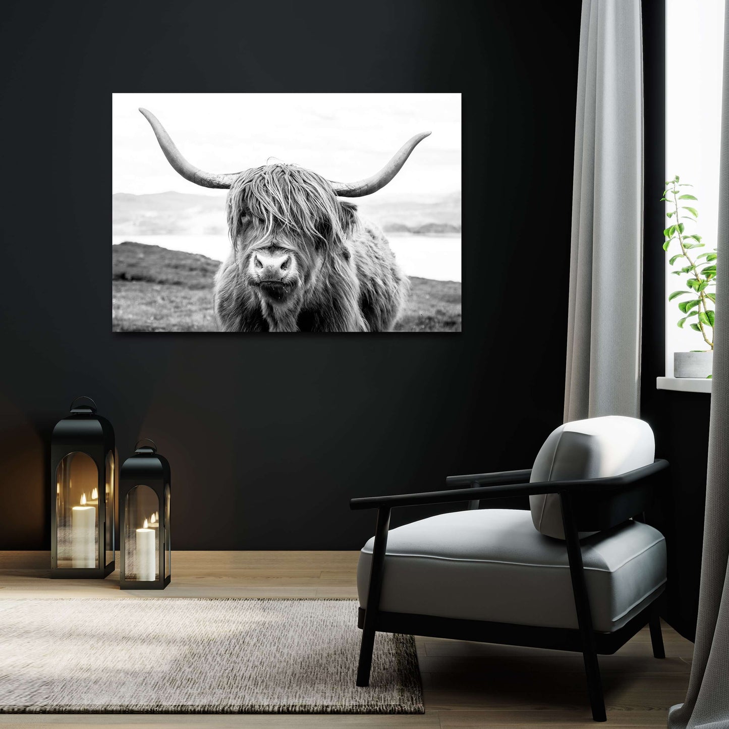 Retro Modern Cow Wall Art – angled canvas view on white background