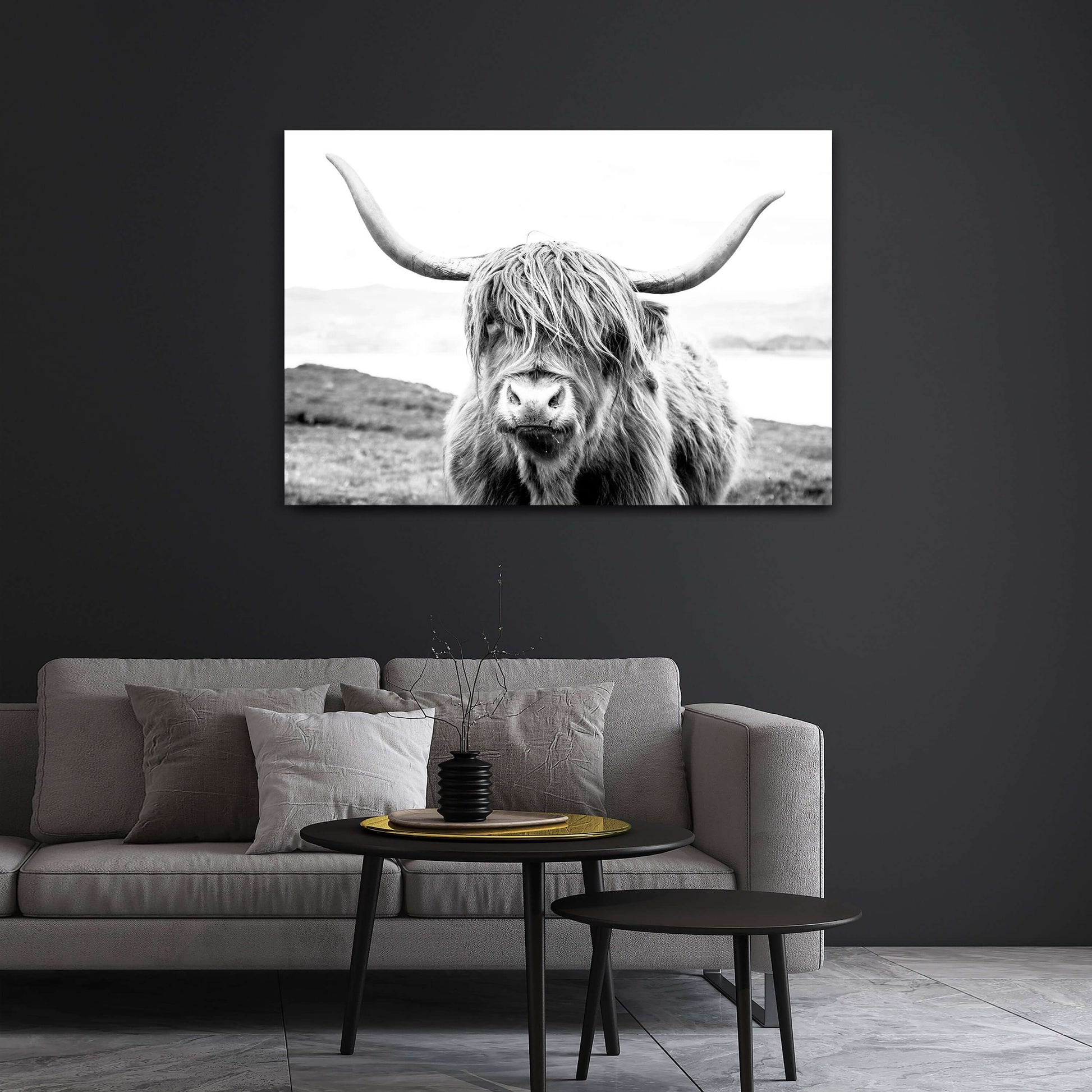 Retro Modern Cow Wall Art – angled canvas view on white background