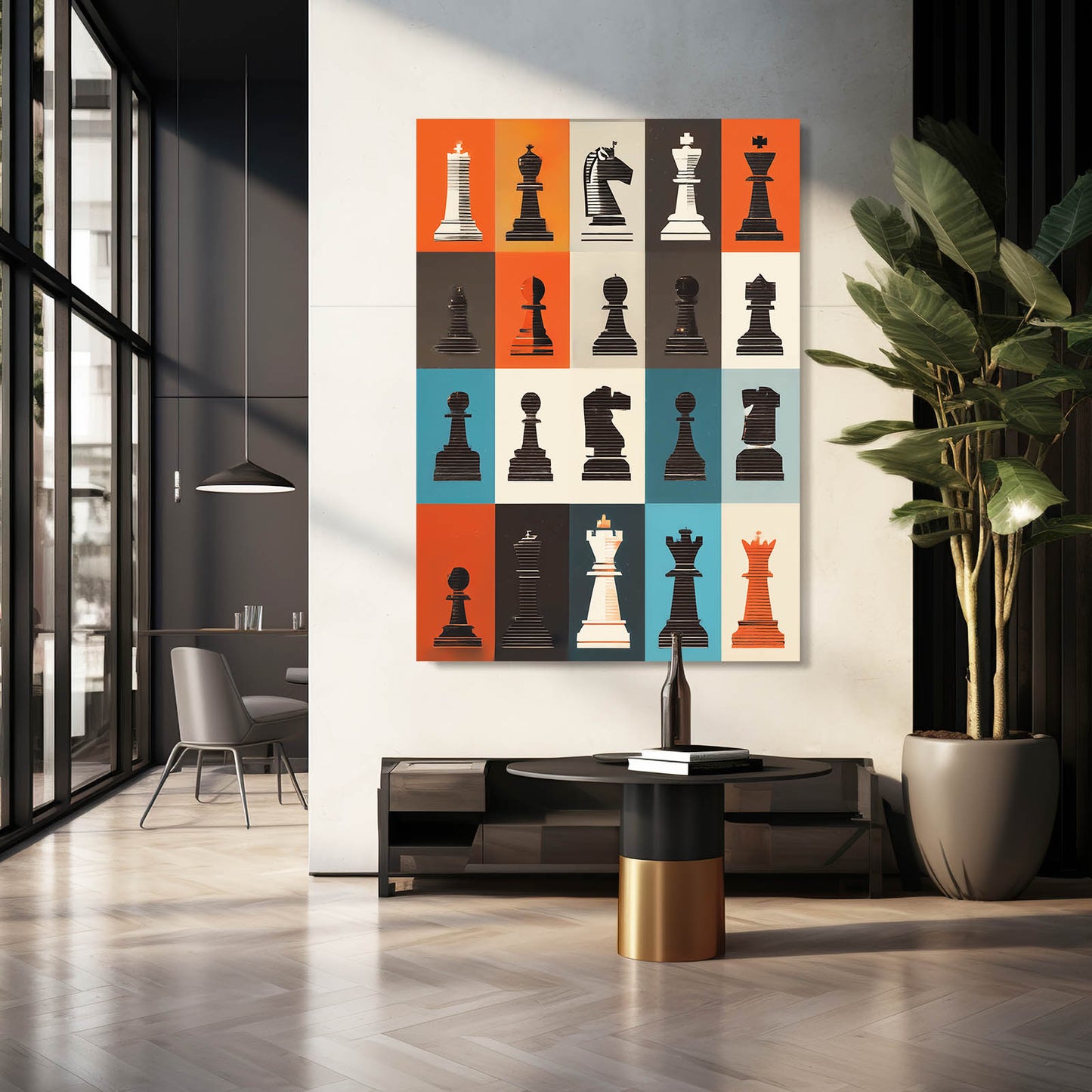 Retro Panel Grid Chess Wall Decor – styled in a furnished interior
