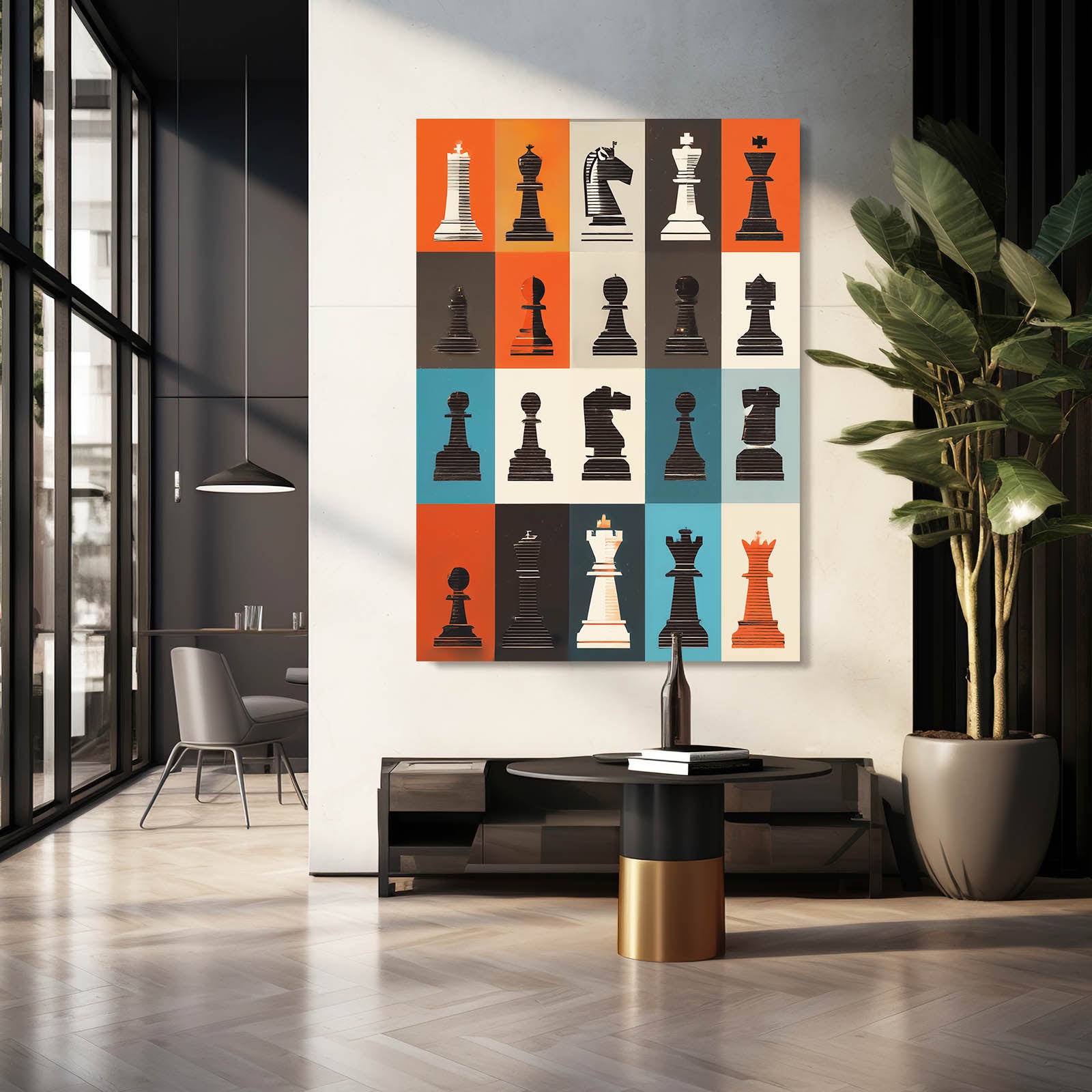 Retro Panel Grid Chess Wall Decor – styled in a furnished interior