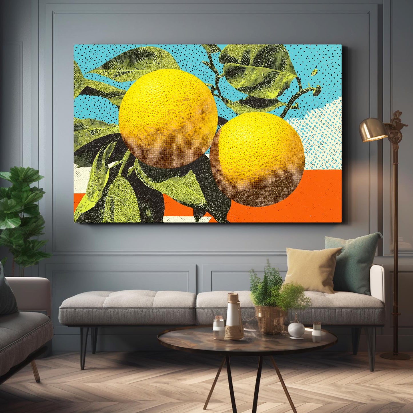 Retro Pop Lemons Fruit Wall Art – styled in a furnished interior