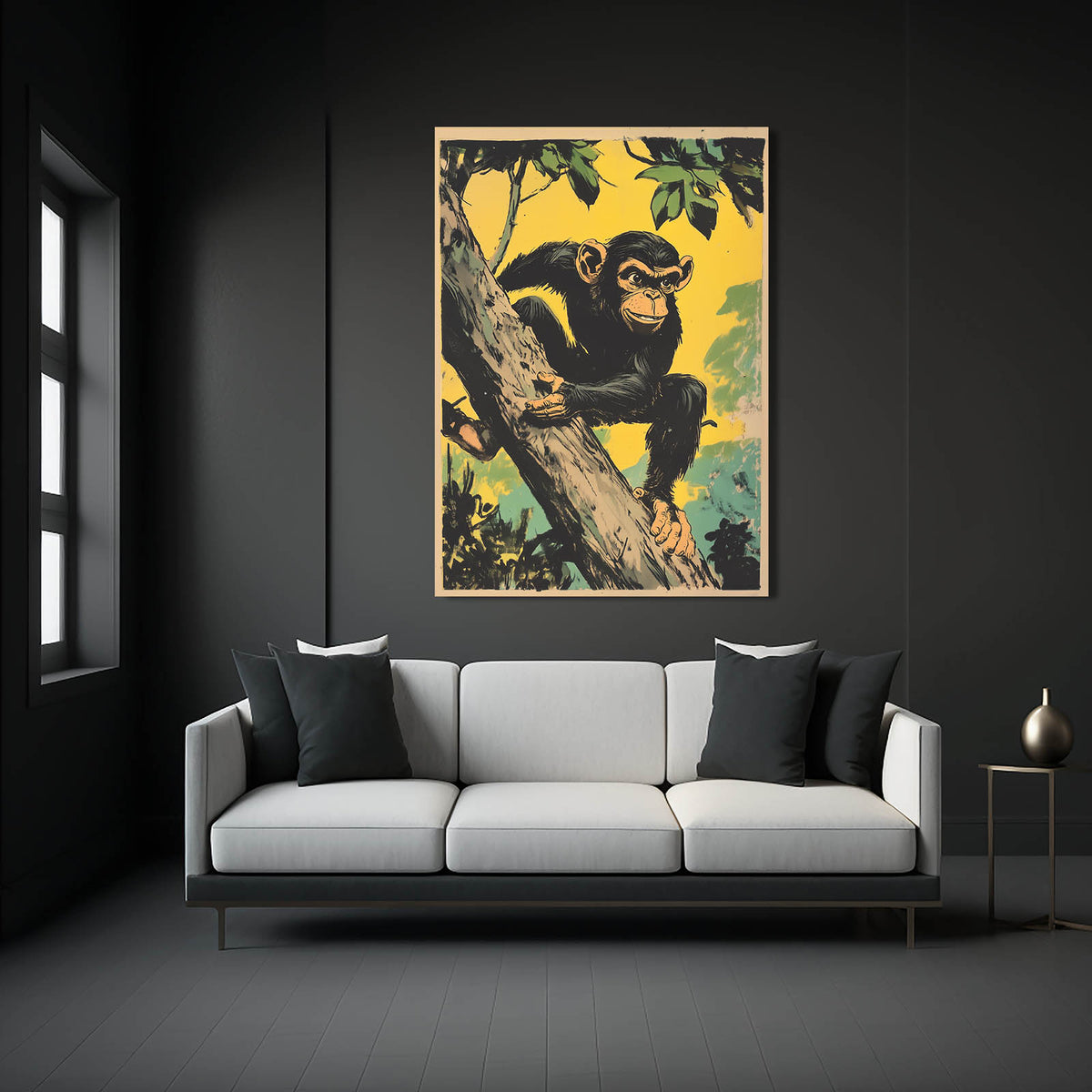 Retro Poster Climb Monkey Art — vintage canvas print, styled in a furnished interior