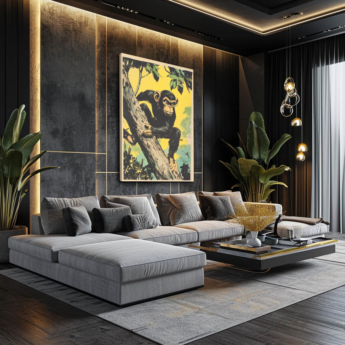 Retro Poster Climb Monkey Art — vintage canvas print, styled in a furnished interior