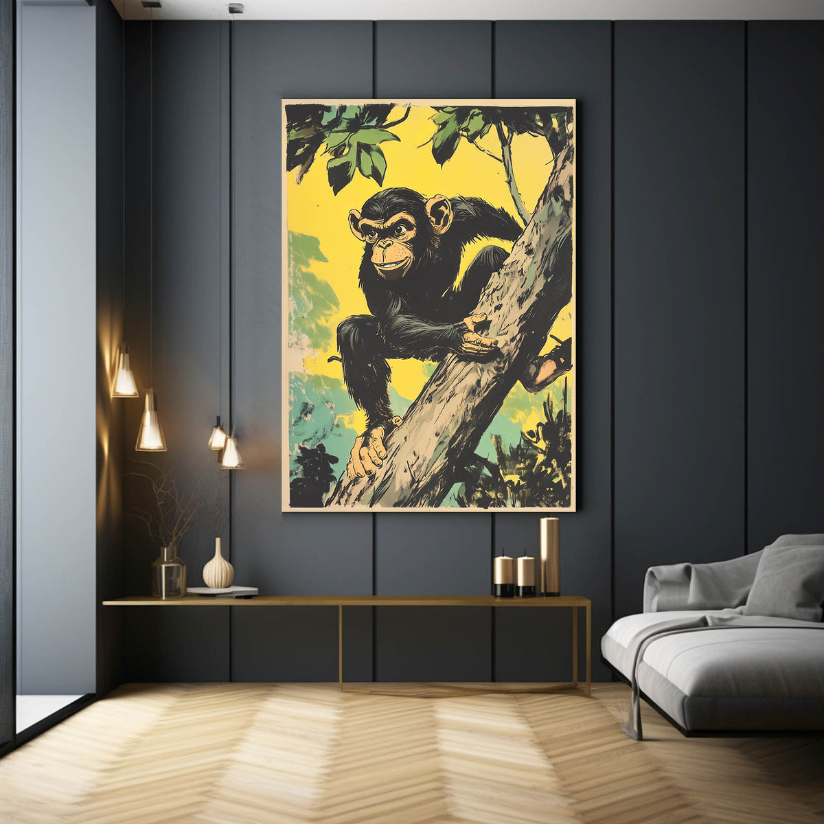 Retro Poster Climb Monkey Art — vintage canvas print, styled in a furnished interior
