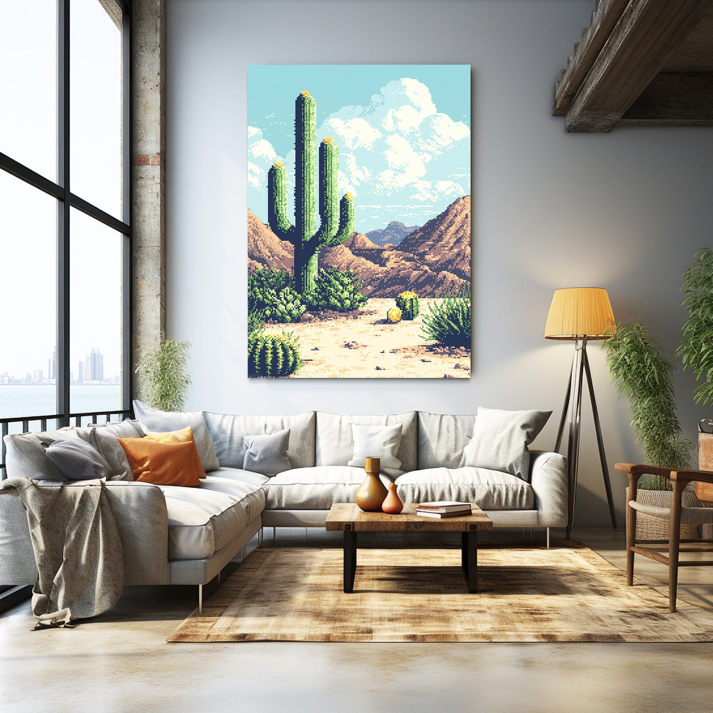Retro Poster Desert Cactus Canvas Art – styled in a furnished interior