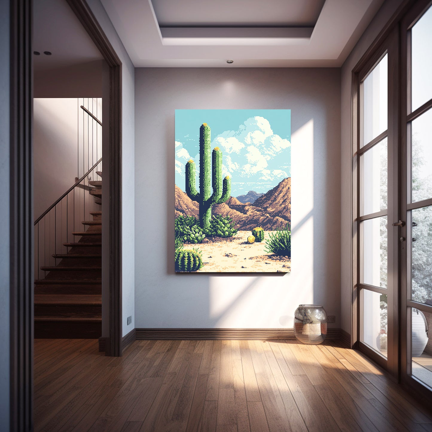 Retro Poster Desert Cactus Canvas Art – styled in a furnished interior