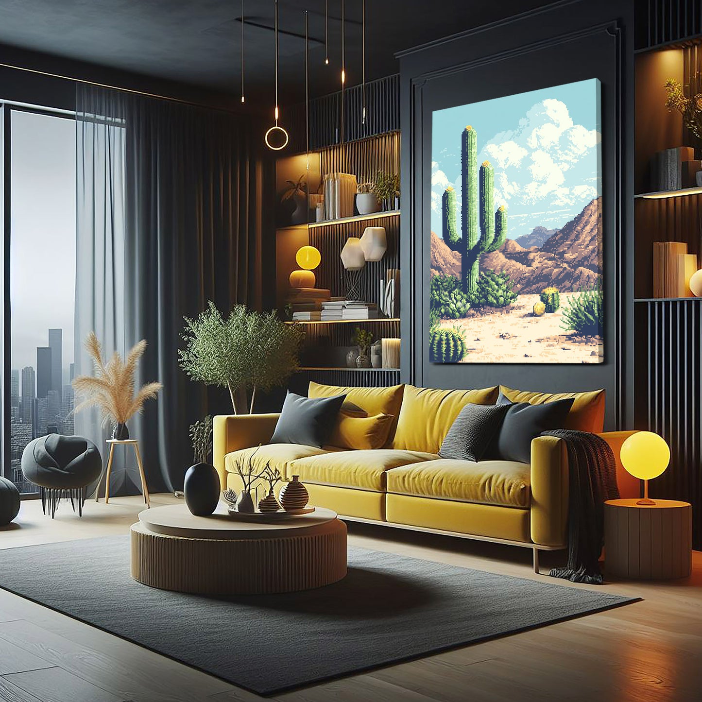 Retro Poster Desert Cactus Canvas Art – styled in a furnished interior