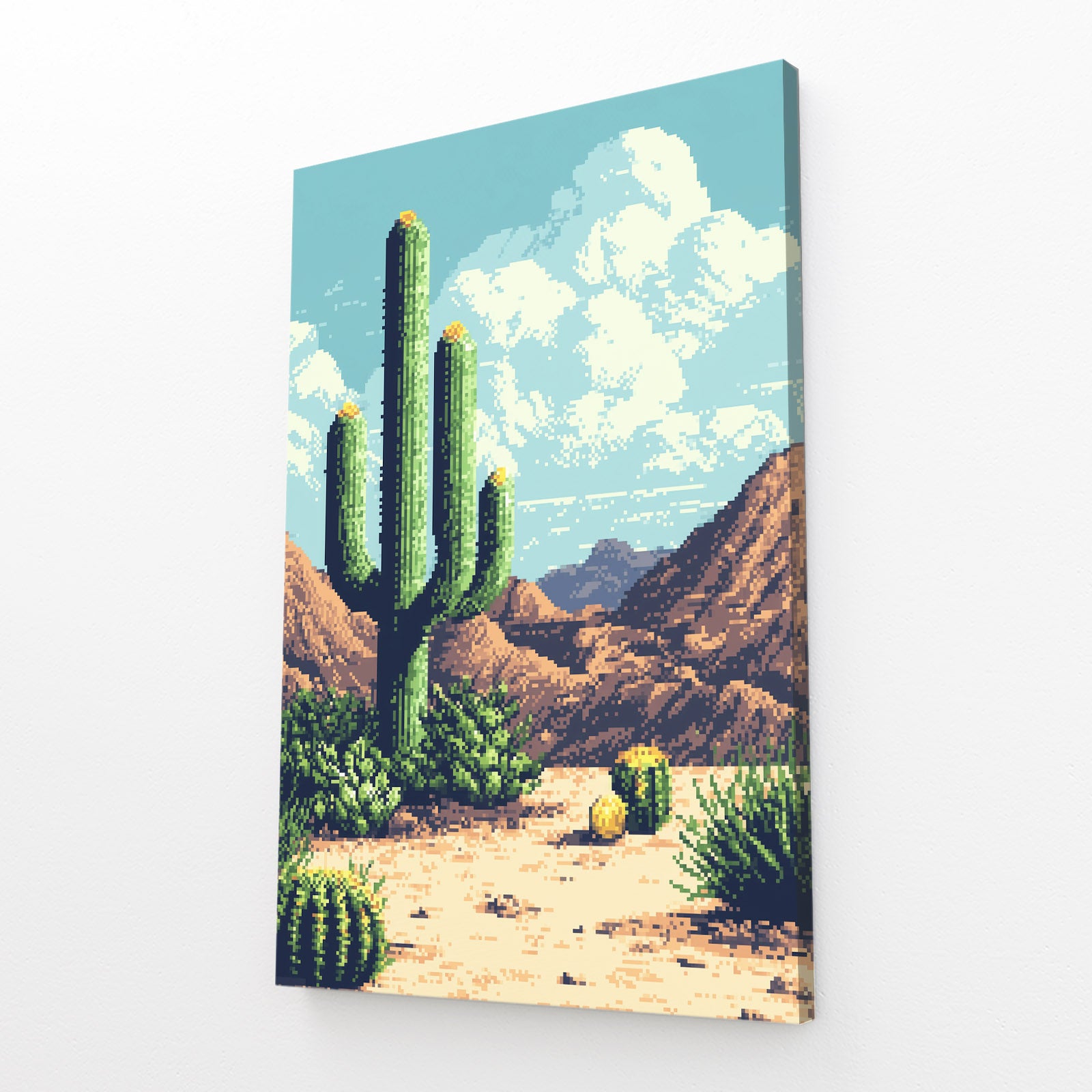 Retro Poster Desert Cactus Canvas Art – angled canvas view on white background