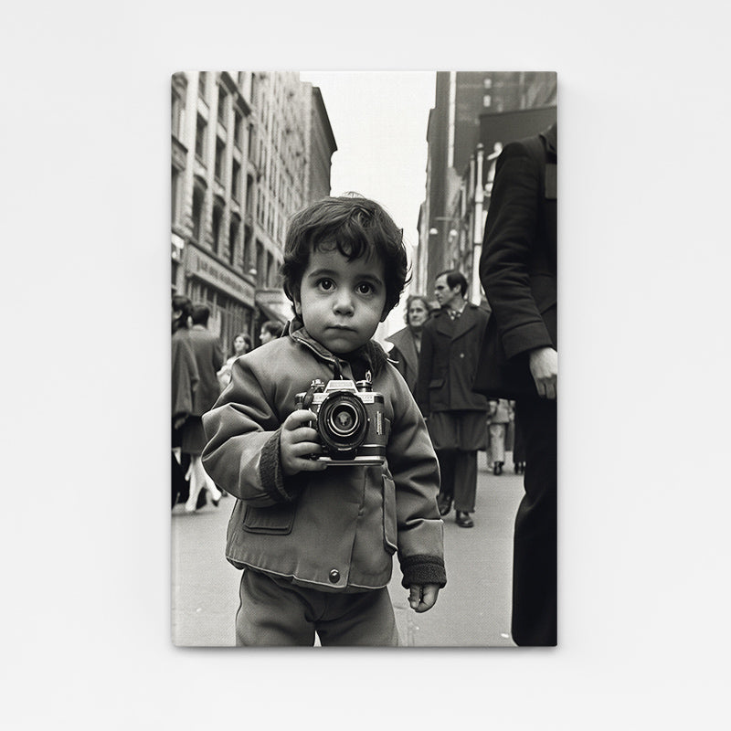 Retro Street Photographer Wall Art Print – child holding a vintage camera on a city street, monochrome