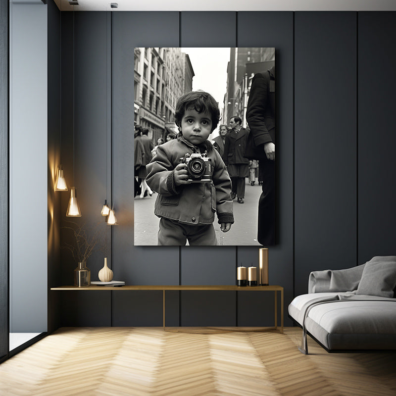 Retro Street Photographer Wall Art Print – above a dark console in a moody bedroom